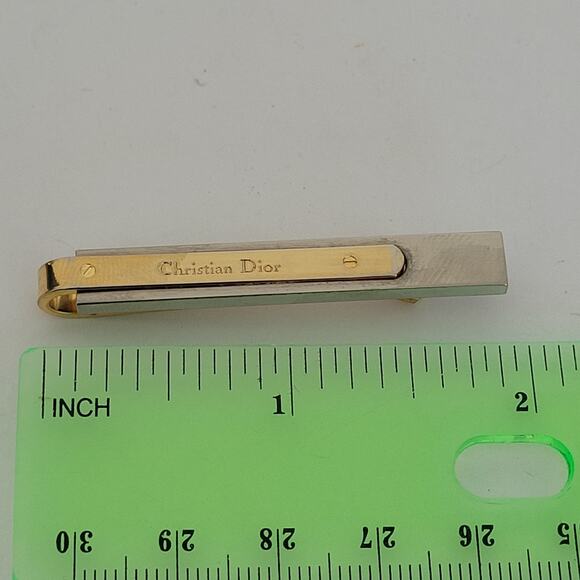 Christian Dior Tie Bar Clip Clasp Gold Silver Tone Logo Vintage Designer - Picture 6 of 6